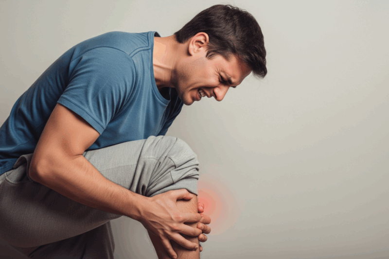 Man in athletic wear experiencing knee pain, illustrating common symptoms related to back and leg discomfort, relevant to spinal decompression treatment discussion.